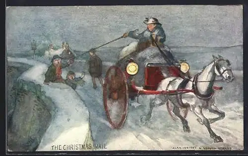 Künstler-AK The Christmas Mail, Kutscher fährt über verschneite Brücke