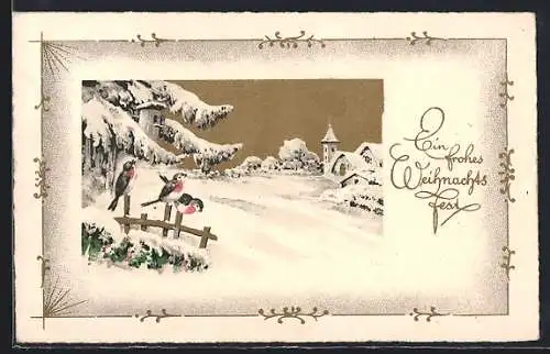 AK Weihnachtsgruss, Verschneite Landschaft mit Rotkehlchen