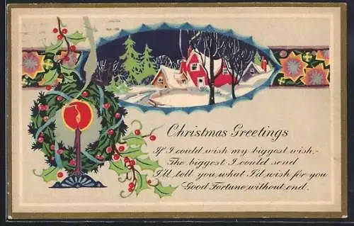 AK Verschneites Dorf, Stechpalmenkranz und brennende Kerze