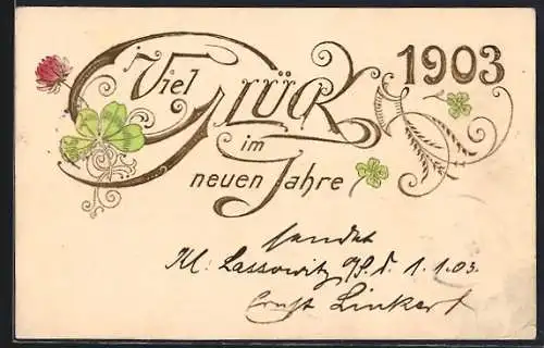 Präge-AK Neujahrsgruss 1903 mit Kleeblättern