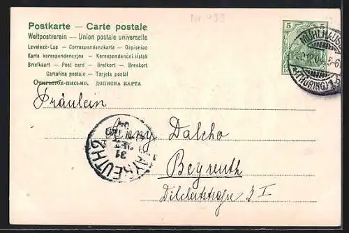 Präge-AK Neujahrsgrüsse, Jahreszahl 1905 aus Vergissmeinnicht und Glücksklee