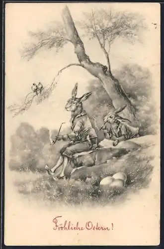 AK Zwei Osterhasen rauchen Pfeife