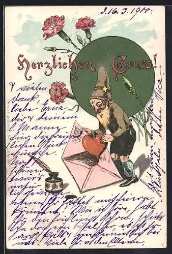 Lithographie Zwerg steckt ein Herz in einen Umschlag