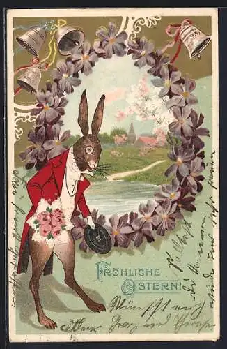 AK Osterhase am Dorfrand mit läutenden Glocken & Veilchen