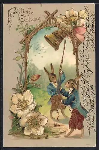 Lithographie Osterglückwünsche, Zwei Osterhasen beim Läuten der Osterglocken im Schmuckrahmen