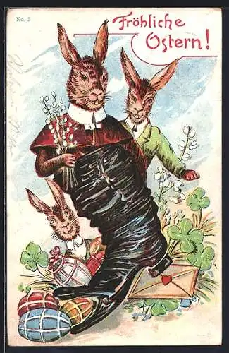 Lithographie Drei Osterhasen mit einem Stiefel und Ostereiern