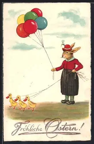 AK Osterhase mit Luftballons und Küken an eineer Leine