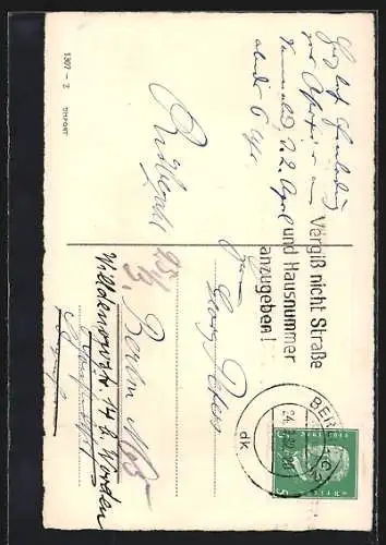 AK Osterhase mit Luftballons und Küken an eineer Leine