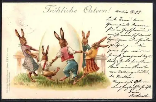 AK Osterhasen tanzen um ein riesen Osterei herum