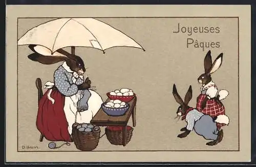 AK Osterhasen an einem Stand mit einem Stand mit Ostereiern, Joyeuses Paques