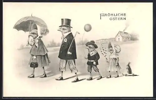 AK Osterküken-Familie beim Spaziergang