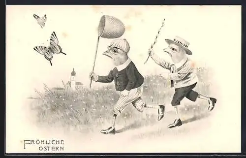 Künstler-AK Zwei Osterküken jagen Schmetterlinge