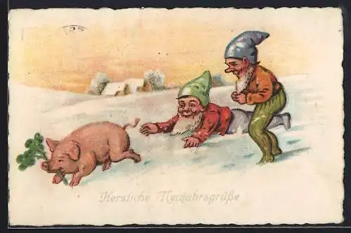 Künstler-AK Zwei Zwerge jagen ein Schwein mit einem Kleeblatt