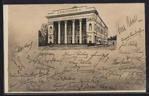 Künstler-AK Tilsit, Blick auf das Stadttheater