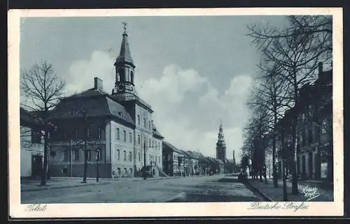 AK Tilsit, Deutsche Strasse mit Kirche