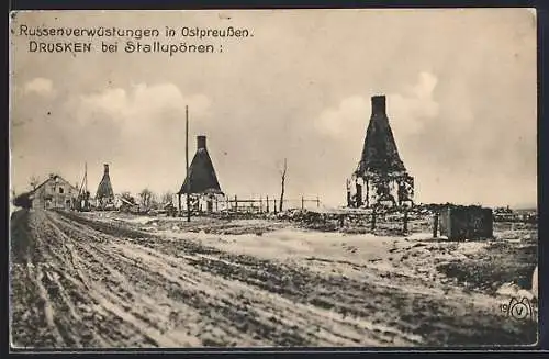 AK Drusken bei Stallupönen, Russenverwüstungen in Ostpreussen, zerstörte Gebäude