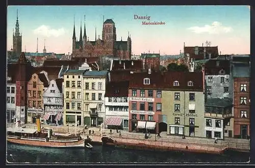 AK Danzig, Marienkirche aus der Vogelschau, Dampfer am Anleger, Greifs Hotel