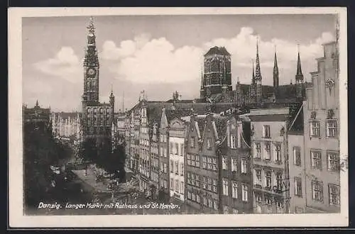 AK Danzig, Langer Markt mit Rathaus und St. Marien