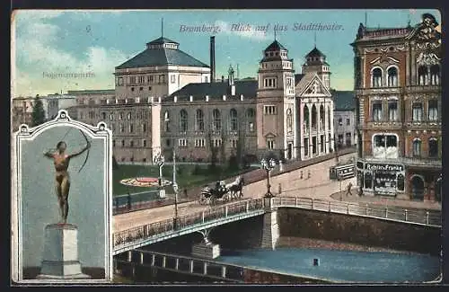 AK Bromberg, Blick auf das Stadttheater, Bogenspannerin Denkmal
