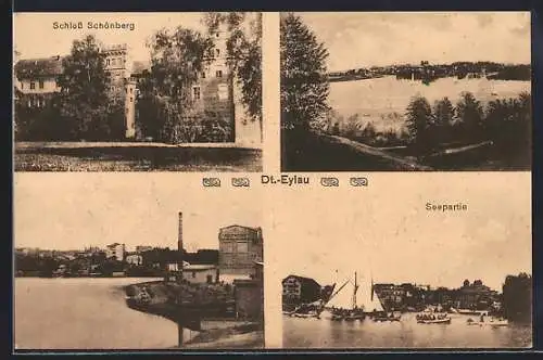 AK Dt.-Eylau, Schloss Schönberg, Fabrik, Seepartie