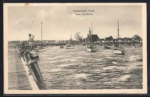 AK Hela, Hafen und Kirche, Segelboote und Dampfer im Hafen