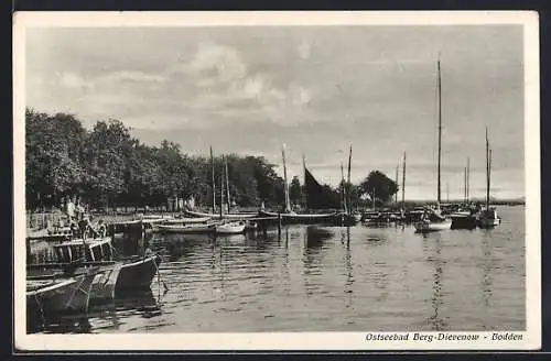 AK Berg-Dievenow, Bodden, Anleger mit Segelbooten