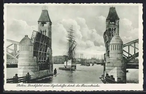 AK Stettin, Durchfahrt eines Segelschiffes durch die Baumbrücke