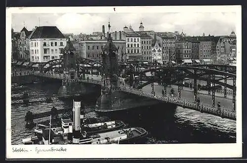 AK Stettin, Blick auf die Hansabrücke, 3 Schleppdampfer