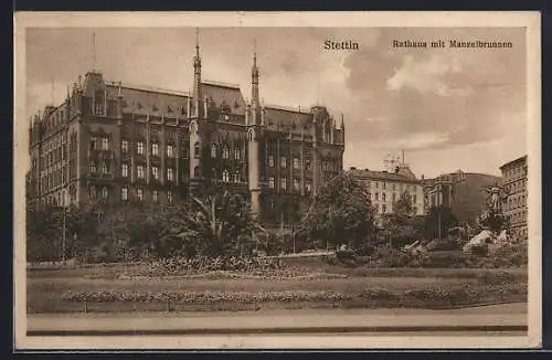 AK Stettin, Rathaus mit Manzelbrunnen