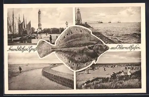 AK Osternothafen, Hafen mit Leuchtturm, Mole mit auslaufenden Torpedobooten, Strandleben