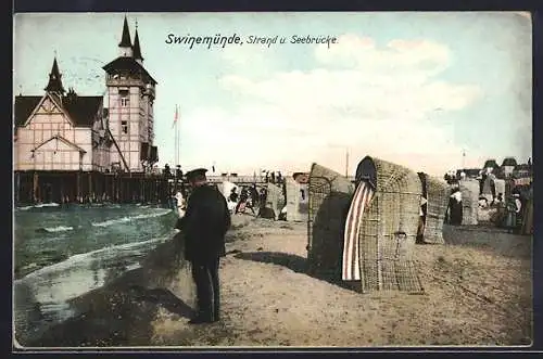 AK Swinemünde, Strand und Seebrücke