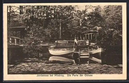 AK Jordansee bei Misdroy, Die Perle der Ostsee, Ruderboote am Steg