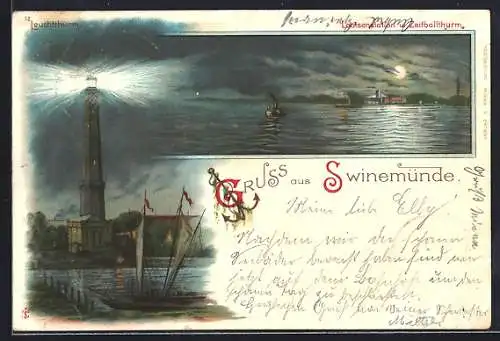 Lithographie Swinemünde, Lotsenstation und Zeitballthurm