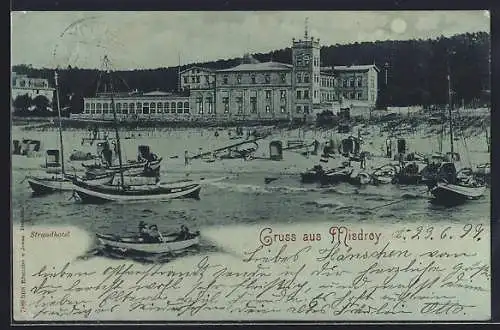 Mondschein-AK Misdroy, Strandhotel, Strand mit Segelbooten und Ruderbooten