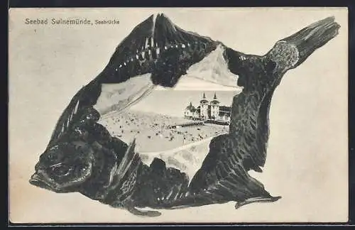 AK Swinemünde, Seebrücke im Passepartout (Flunder)