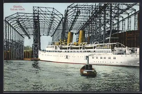 AK Stettin, Vulcan-Werft mit Passagierschiff und Schleppdampfer