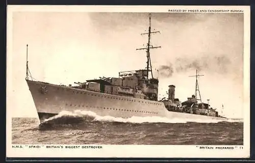AK Kriegsschiff H.M.S. Afridi in voller Fahrt