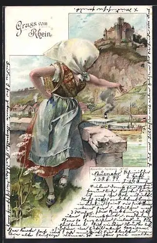 Lithographie Frau in Tracht am Rhein, Dampfer