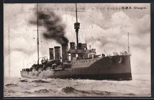 AK Britisches Kriegsschiff HMS Glasgow gibt Volldampf