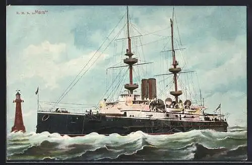 AK HMS Mars passiert einen Leuchtturm