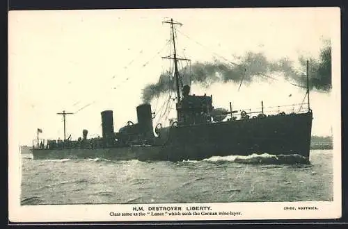 AK Britischer Zerstörer HMS Liberty in See stechend