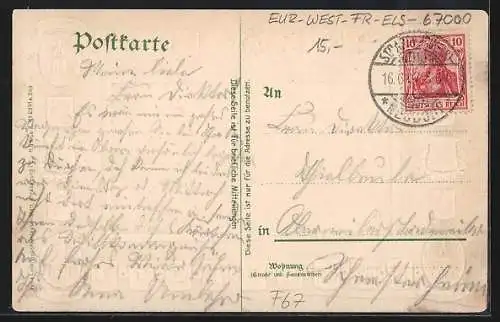 AK Strassburg, Evangelische Garnisonskirche, Colmar Monument Rapp, Metz Kaiser Wilhelm-Denkmal, Wappen, Passepartout