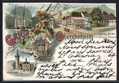 Lithographie Oberehnheim, Hotel Dubs, Sechs Eimer Brunnen, Kirche