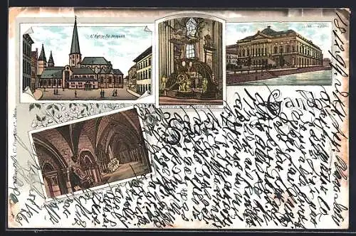Lithographie Gand, L`Église St. Jaques, Le Palais de Juscice, La chaire de verité à l`Eglise St. Bavon