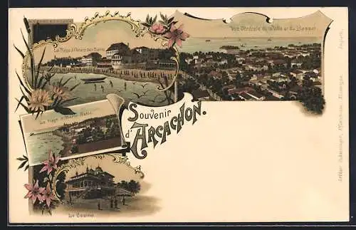 AK Arcachon, La Plage a l`heure des Bains, Le Casino, Vue generale de la Ville et du Bassin