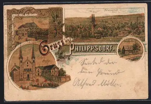 Lithographie Philippsdorf, Hotel Kloster, Kirche und Kloster, Gnadenhaus