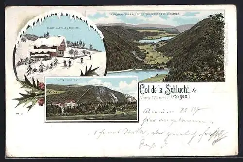 Winter-Lithographie Col de la Schlucht, Chalet Hartmann en hiver, Hôtel Schlucht