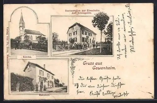 AK Gewenheim, Gasthaus zur Eisenbahn, Inh. Ant. Schoegelen, Bahnhof und Kirche