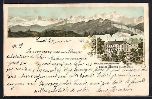 Lithographie Treize-Arbres /Mont Salève, Hotel-Pension-Restaurant des Treize-Arbres