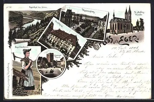 Lithographie Eger, Theaterplatz, Stadthaus, Schwarzer Thurm